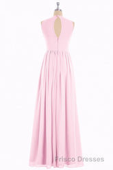 Pink Chiffon Halter Cutout Back A-Line Long Bridesmaid Dress